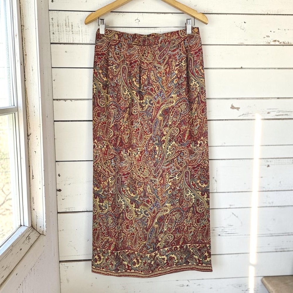Vintage Midi Skirt Talbots 8 Red Earthy 100% Silk Paisley Boho Academia Preppy